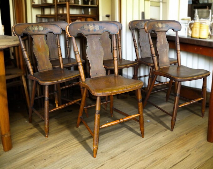 Set of Six (6) 19th Century Hand Decorated Plank Bottom Hardwood Chairs