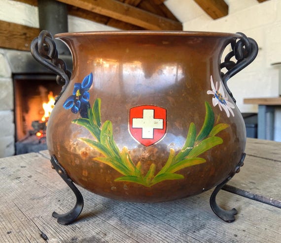 Mid 20th Century Swiss Hand Painted Hammered Hanging Footed Copper Pot