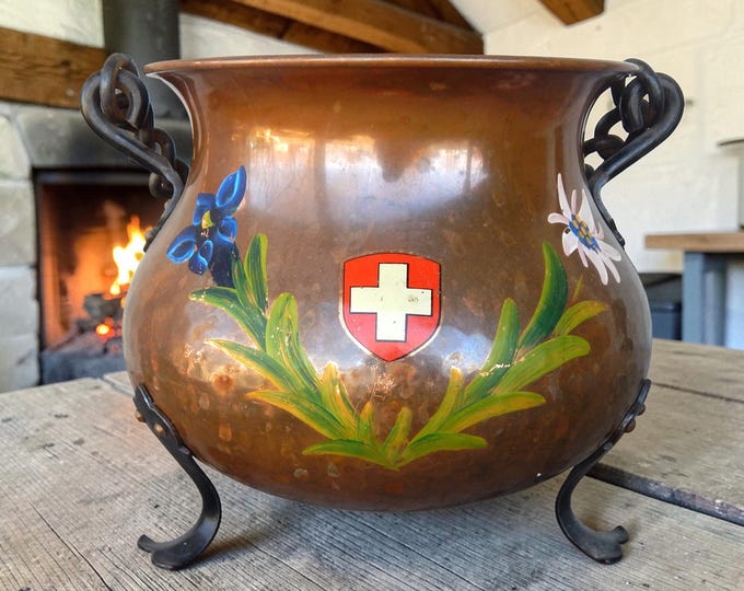 Mid 20th Century Swiss Hand Painted Hammered Hanging Footed Copper Pot