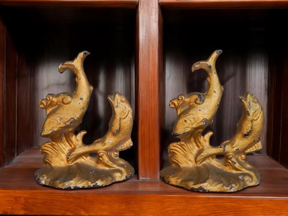 Late 1920's Connecticut Foundry Cast Iron Gilt Painted Dolphin Bookends