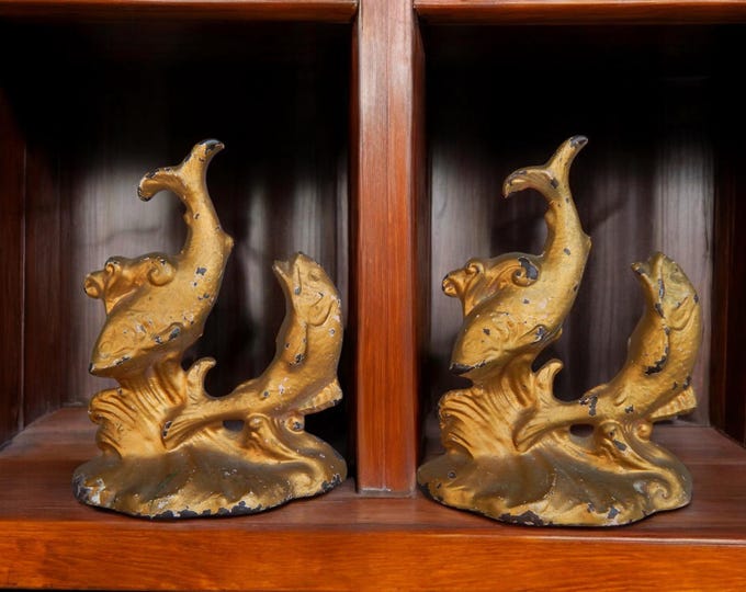 Late 1920's Connecticut Foundry Cast Iron Gilt Painted Dolphin Bookends
