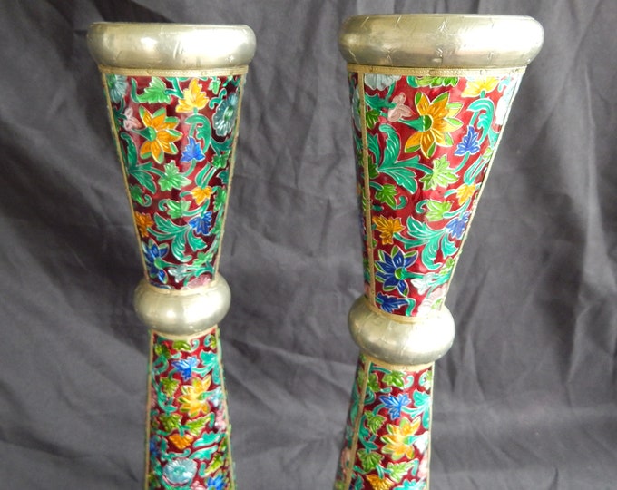Pair 20" Vintage Metal & Enamel Indian Cloisonné Candle Stands