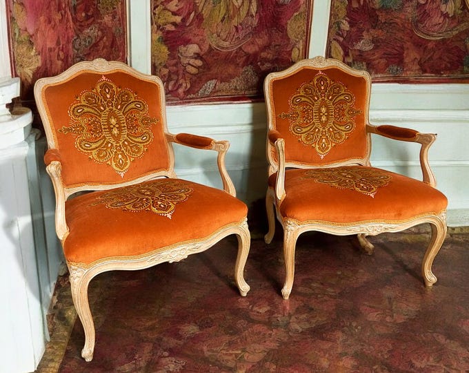 PAIR 1960's Hollywood Regency / French Provincial Velvet Armchairs