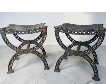 Pair 19th Century Antique European Cast Iron Garden / Patio Stools / Seats