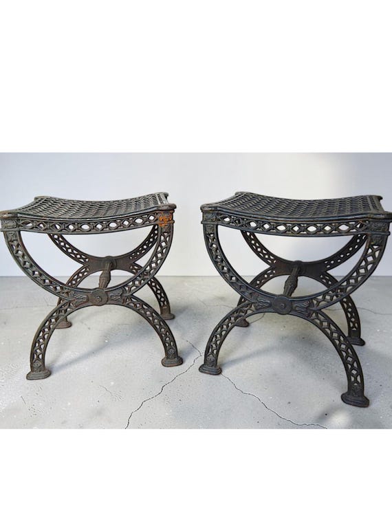 Pair 19th Century Antique European Cast Iron Garden / Patio Stools / Seats