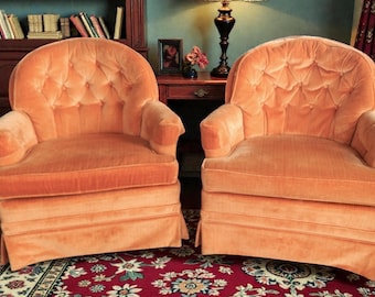 Pair Mid 1970's Tangerine Velvet Tufted Club Chairs