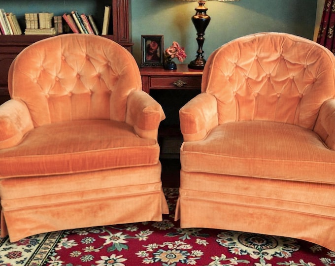 Pair Mid 1970's Tangerine Velvet Tufted Club Chairs