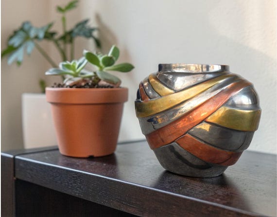 Vintage 1970's Penwood Tri-Color Metal Vase