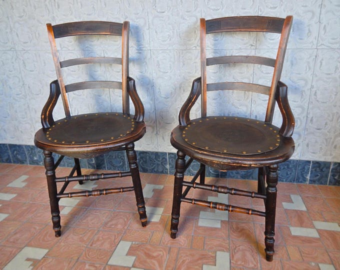 Pair 19th Century Fleur Du Lis Leather Seat Side / Kitchen / Dining Chairs