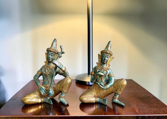 Pair Cast Bronze & Gilt Mid 20th Century Thai Musician Figures