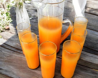 West Virginia Glass Co. Blendo Pitcher and Six Glasses