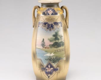 Antique Japanese Meiji Period Hand Painted & Gilt Satsuma Amphora Porcelain Vase