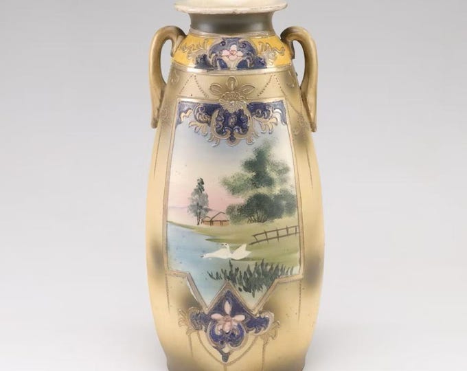 Antique Japanese Meiji Period Hand Painted & Gilt Satsuma Amphora Porcelain Vase