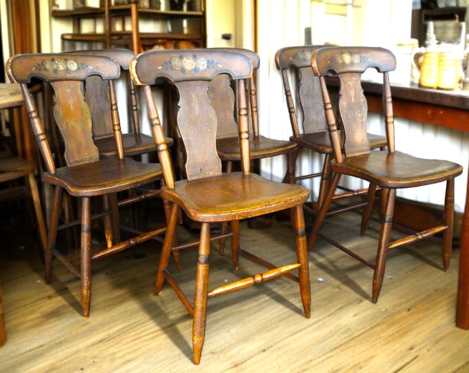 Set of Six (6) 19th Century Hand Decorated Plank Bottom Hardwood Chairs