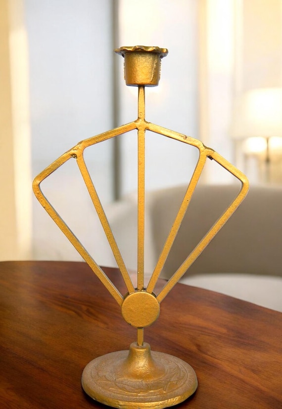 Early 1900's Art Deco Fan Shape Gilded Iron Candlestick