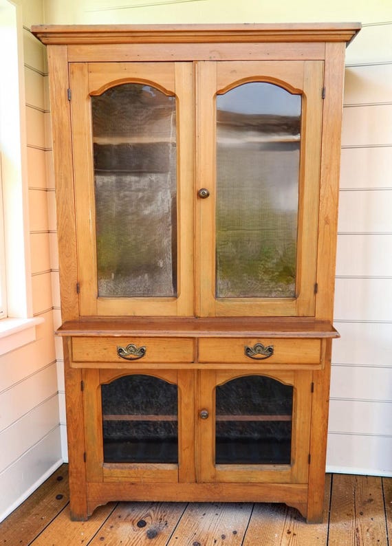 c. 1880 Antique Oak Glass Door Cupboard / Cabinet