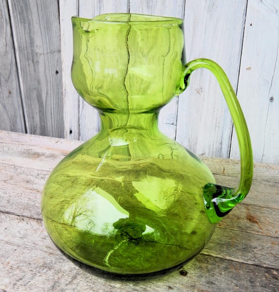 Late 1960's Hand Blown Greenwich/Flint Double Bubble Glass Pitcher
