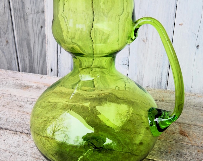 Late 1960's Hand Blown Greenwich/Flint Double Bubble Glass Pitcher