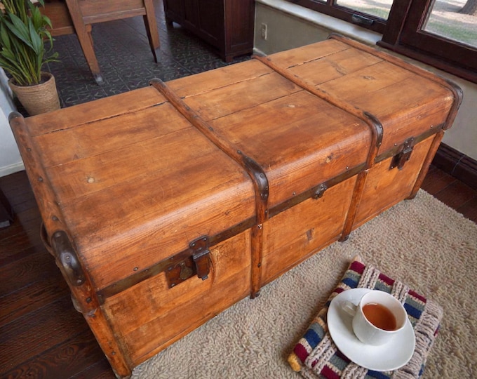 Antique Light Weight Iron & Brass Bound Storage Trunk