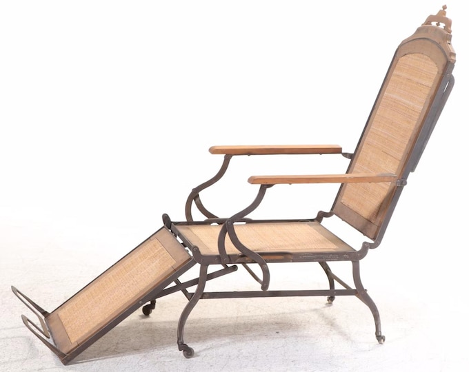 Antique Iron & Walnut Caned Folding Campaign Chair - Marks A.F. New York