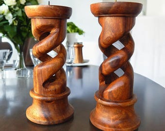 Vintage Hand Carved Hardwood Vine Twist Candle Stands