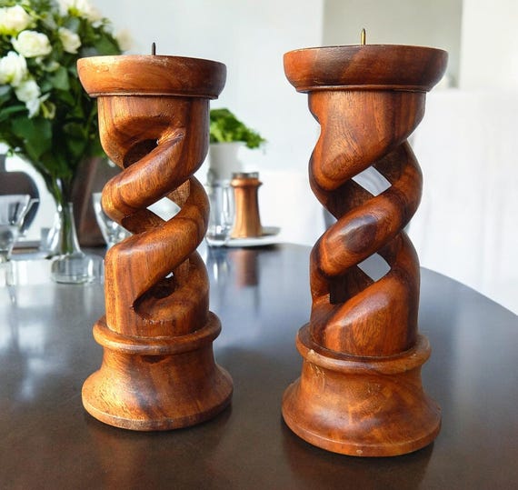 Vintage Hand Carved Hardwood Vine Twist Candle Stands