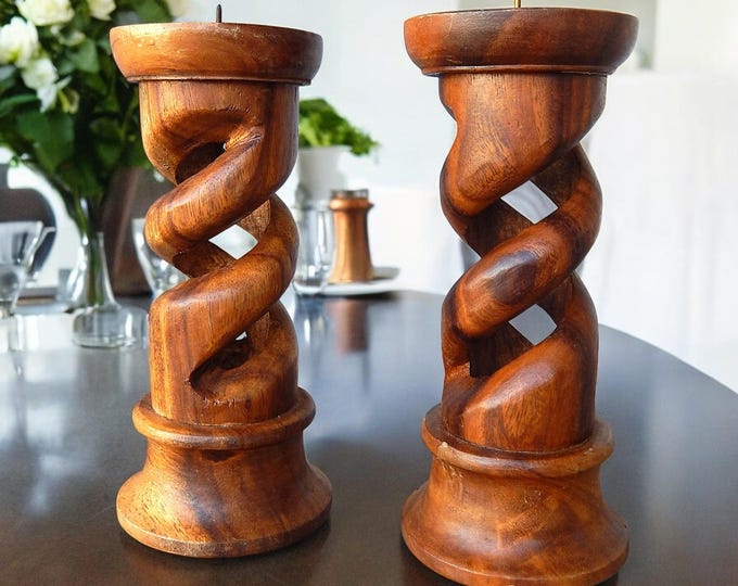 Vintage Hand Carved Hardwood Vine Twist Candle Stands