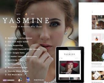 WordPress Blog Theme "Yasmine" WordPress Theme WooCommerce feminine WordPress template Shop and Portfolio