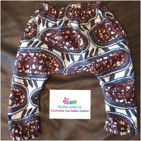 Sarouel bebe enfant wax marron blanc motif feuille