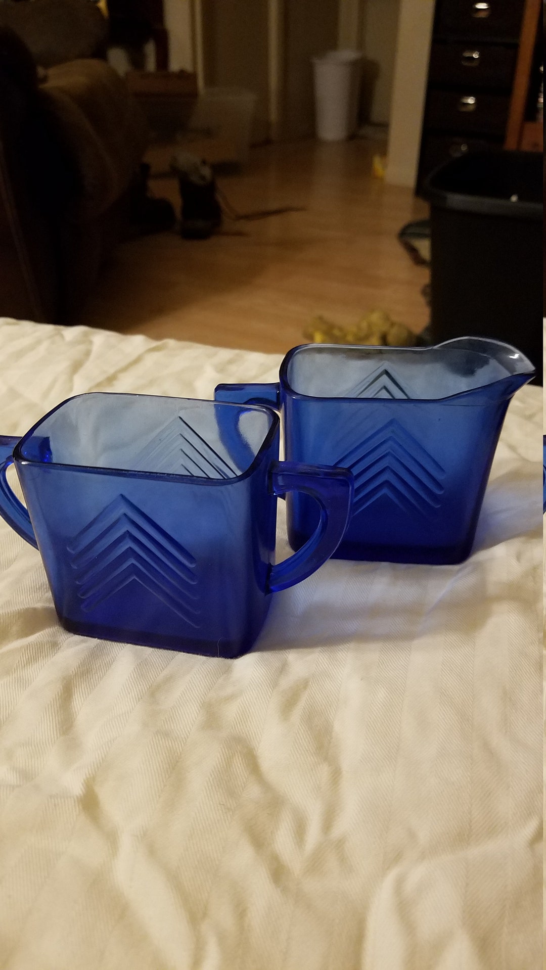 Blue Glass Cream and Sugar Set Etsy