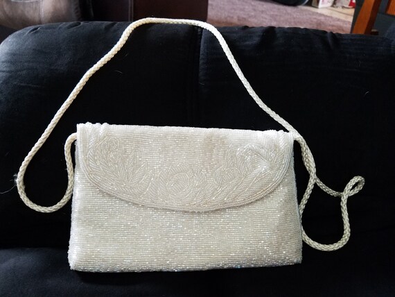 La Regale Evening Bag, White Beadwork, 1970s New Old Stock