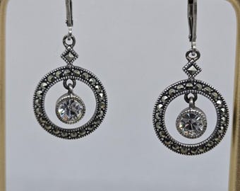 Sterling Silver 925 Judith Jack Dangle Earrings Round Leverback Closure Signed