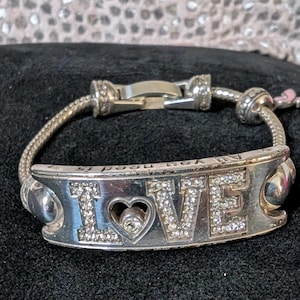 Brighton LOVE Charm Bracelet Silver Crystal Heart Awareness Snake Chain image 1