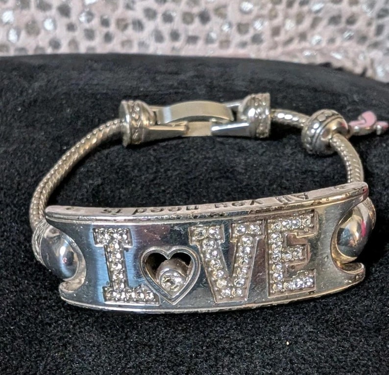 Brighton LOVE Charm Bracelet Silver Crystal Heart Awareness Snake Chain image 1