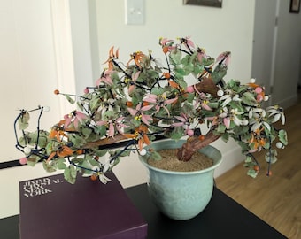 Vintage Jade Quartz Glass Cherry Blossom Bonsai Tree Celadon Pot