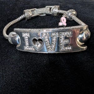 Brighton LOVE Charm Bracelet Silver Crystal Heart Awareness Snake Chain image 2