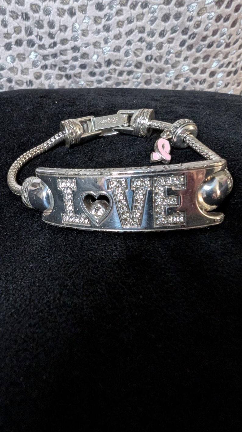 Brighton LOVE Charm Bracelet Silver Crystal Heart Awareness Snake Chain image 2