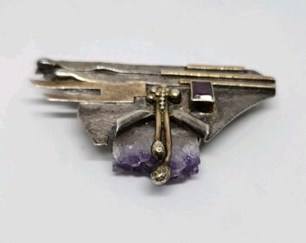 Handcrafted Art Brooch Brutalist Sterling Silver Amethyst Purple Stone 2in.