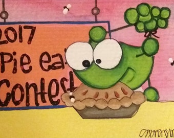 Artist trading card aceo original. Frog at the 2017 pie eating contest painting.