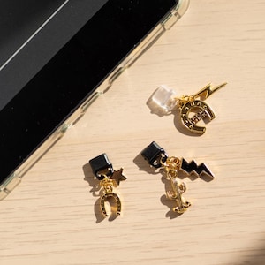 May include: Three gold-colored charms with different designs: a horseshoe with a lightning bolt, a cactus with a lightning bolt, and a horseshoe with a star. The charms are attached to black plastic clips.