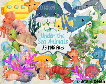 Under the Sea Animal Clipart Bundle Set, Cute Sea Creatures - Octopus - Jellyfish - Turtle - Dolphin, Sublimation, Instant Digital Download