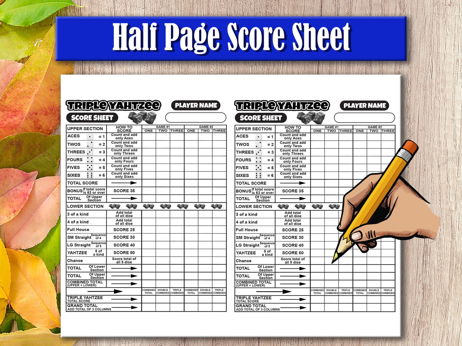 Triple Yahtzee Score Sheet – Printable Large Score Card Pad - Instant Digital Download - Etsy