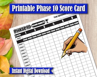 Phase 10 Score Card - Printable Card Game Score Sheet - Phase Ten Score Tracker - Instant Digital Download