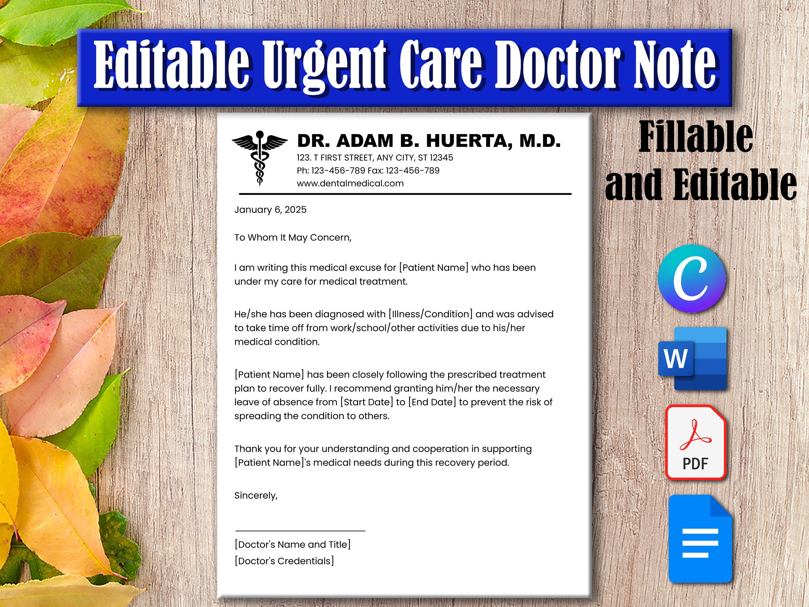 Editable Urgent Care Doctor Note for Work & School, Doctor's Excuse ...