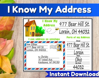 Address Kids Activity Practice Worksheets, Life Skills Educational Prints for Pre K and Toddlers, Address and Envelope Template