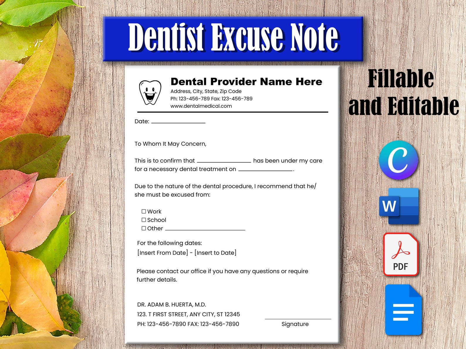 Editable Dentist Excuse Note Excuse Template for Work School