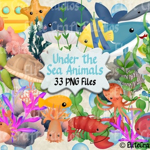 Niedliche Meerestiere Clipart Bundle-Set, Meerestiere PNG, Seestern, Wal, Qualle, Hai, Fisch, Muschel, Schildkröte, Delfin, Koralle