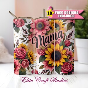 Mom Tumbler Wrap - Sunflower 20oz Skinny Tumbler Sublimation Design - Mother's Day PNG - Glitter Leopard Mom Life Digital Download