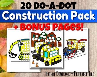 Puede incluir: Un conjunto de 20 páginas imprimibles de puntos a conectar con vehículos de construcción. Las páginas incluyen una excavadora amarilla, una mezcladora de cemento amarilla y un tractor rojo. Las páginas están diseñadas para que los niños las usen con marcadores de puntos.