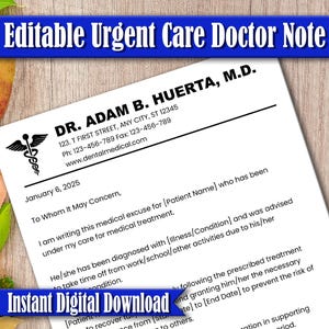 Nota de atención médica de urgencia editable para el trabajo y la escuela, carta de excusa del médico, plantilla de nota de excusa del médico, nota del médico en Google Docs, Canva, MS Word